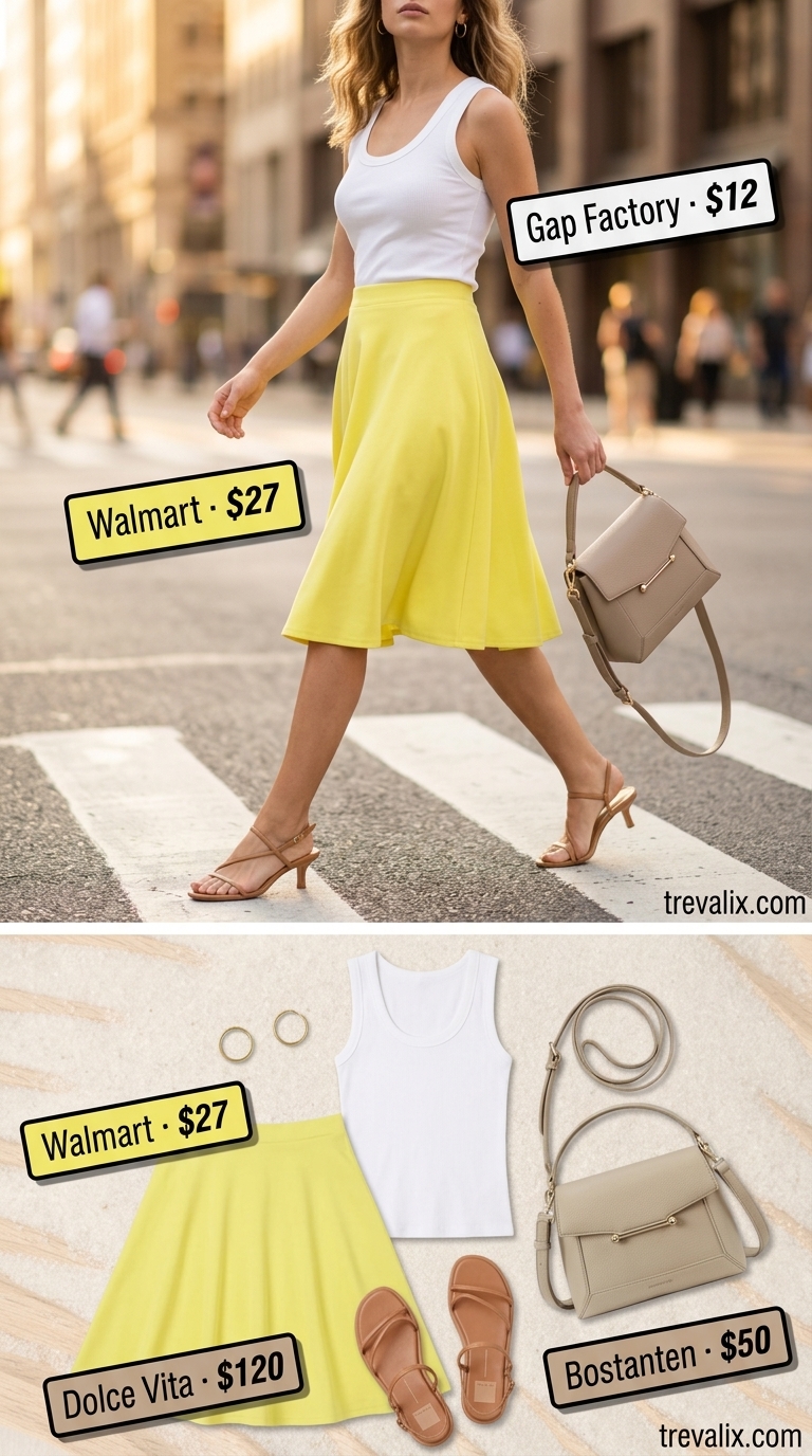 Playful bright lemon yellow A-line mini skirt with a white ribbed tank for casual summer outings. Chic and fresh.