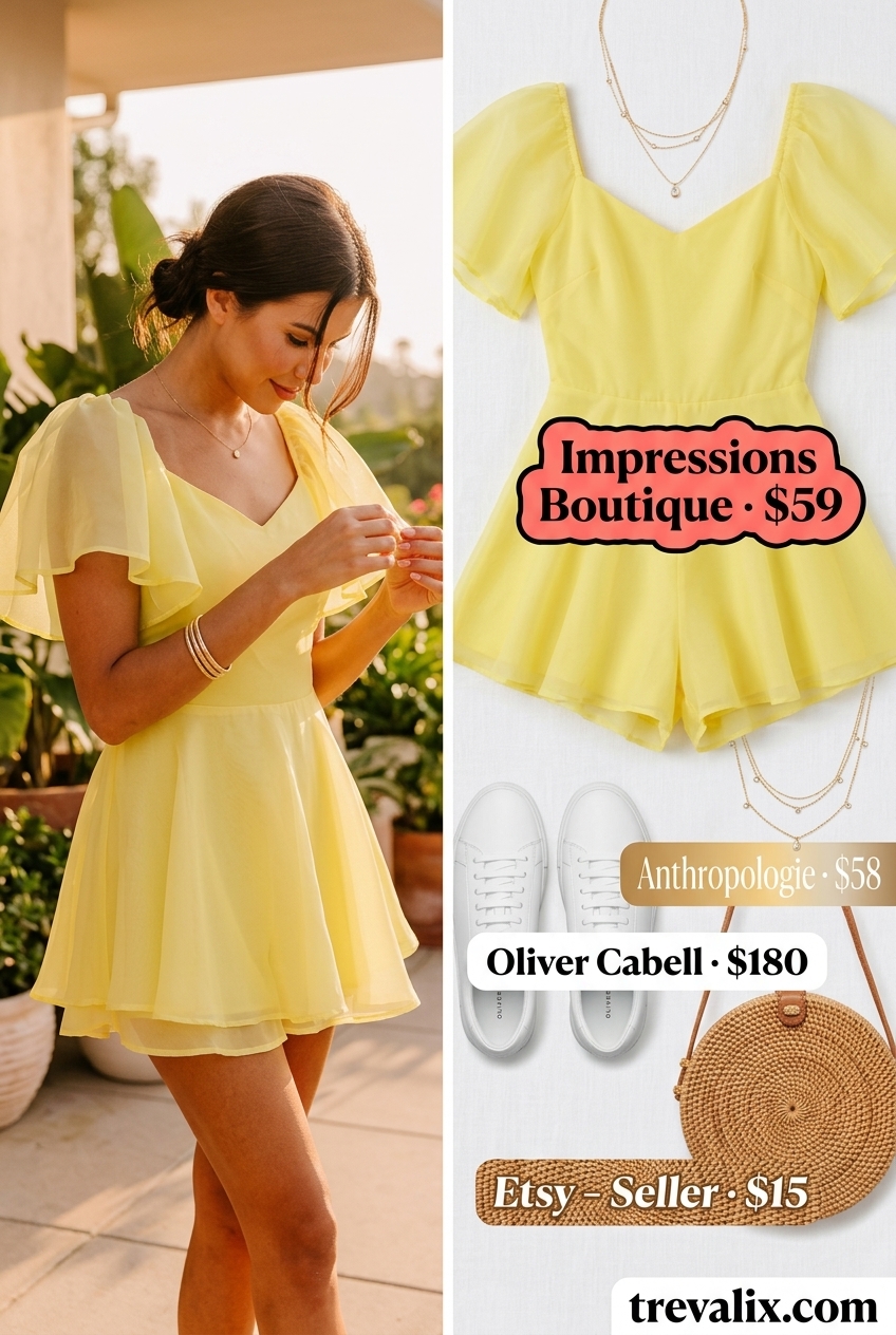 Playful lemonade yellow romper for casual summer days and vacation. Styled with white sneakers and a straw crossbody bag.