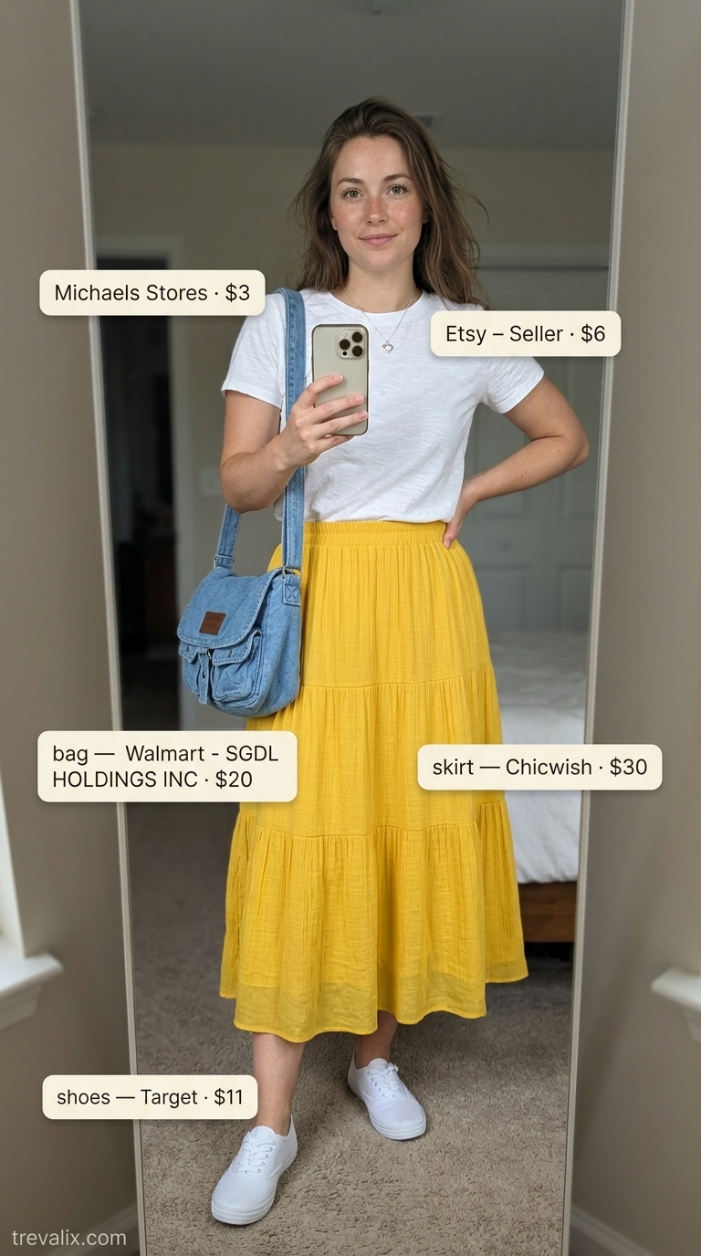 Effortless mustard yellow midi skirt with a white tee and denim crossbody for casual summer days. Feminine and comfortable.