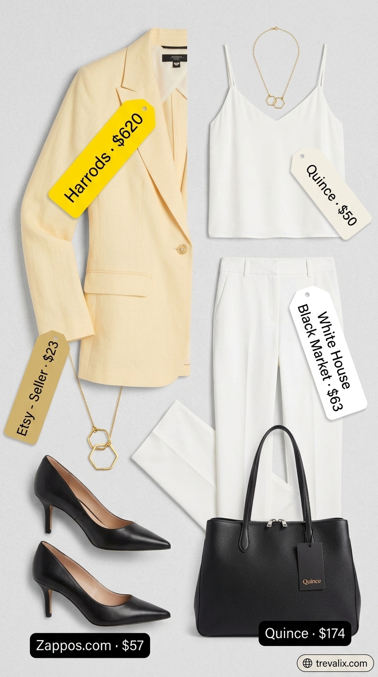 Modern bright yellow linen blend pantsuit for summer events and business casual. Styled with black pumps and white cami.