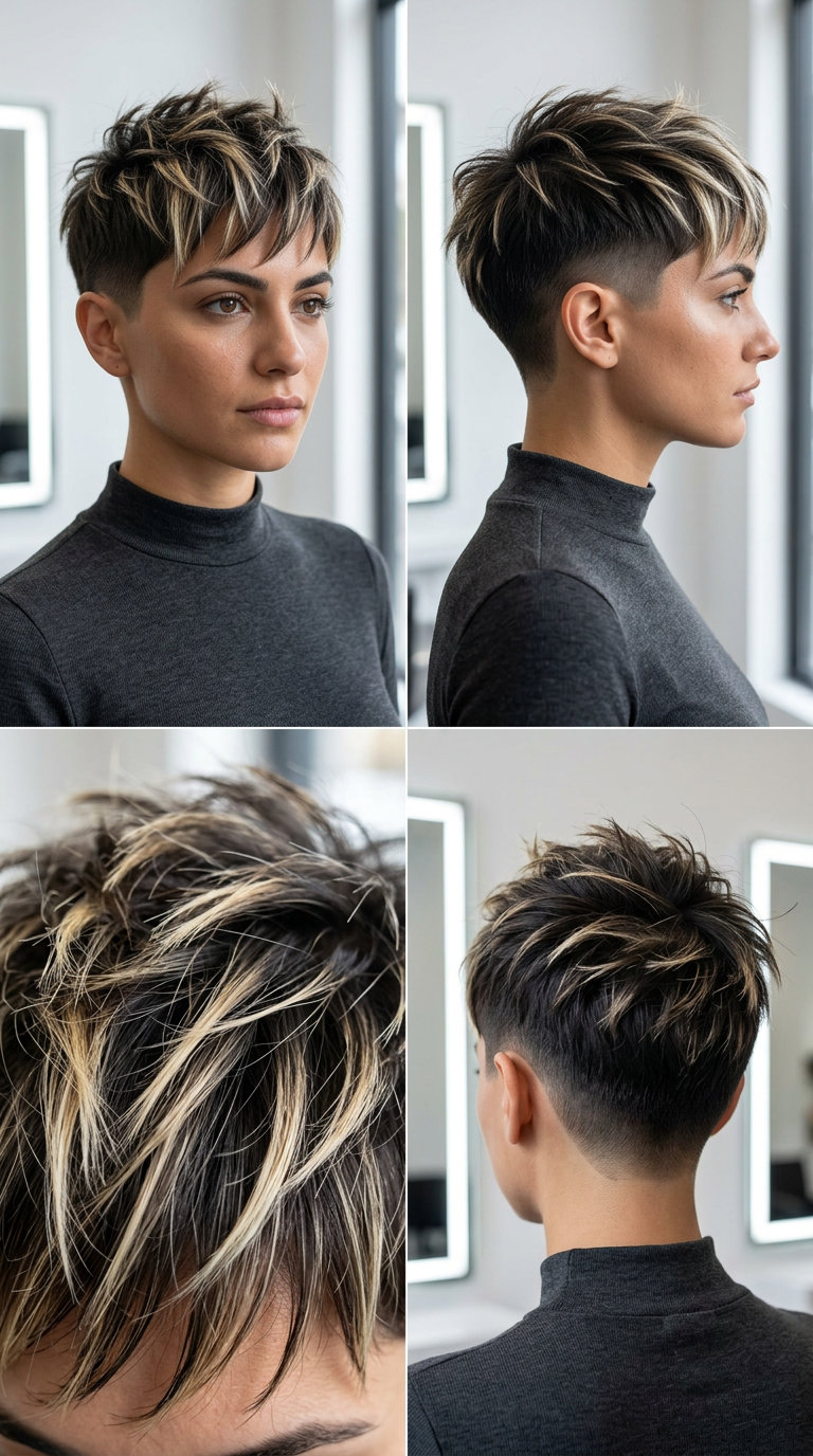 very short sun-bleached pixie with bright blonde pieces, slice and weave, choppy bangs — edgy