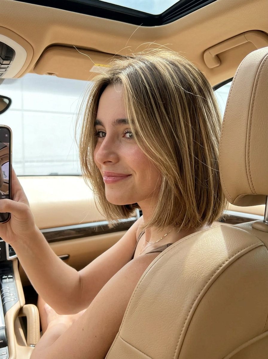 short french bob haircut in sun-kissed light brown with golden babylights, textured perimeter, no bangs — beachy