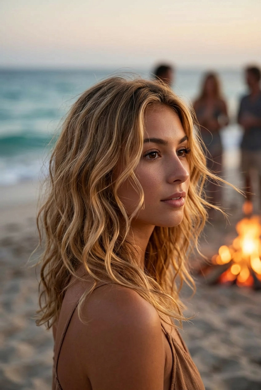 long sun-kissed blonde wavy hairstyle with honey highlights and golden root, bohemian tendril waves with curling iron for summer