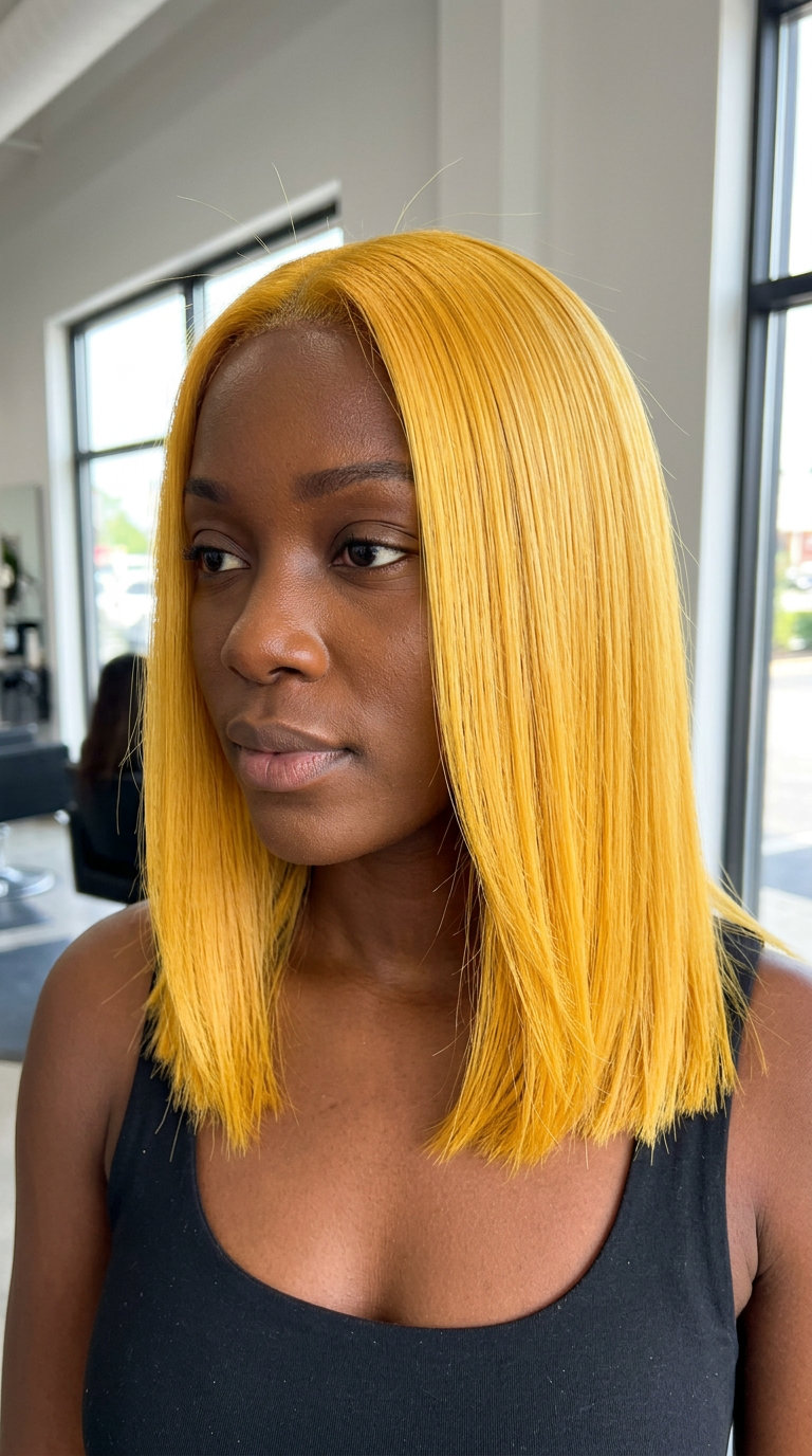 medium-long sunflower gold hair with a blunt cut for a bold statement