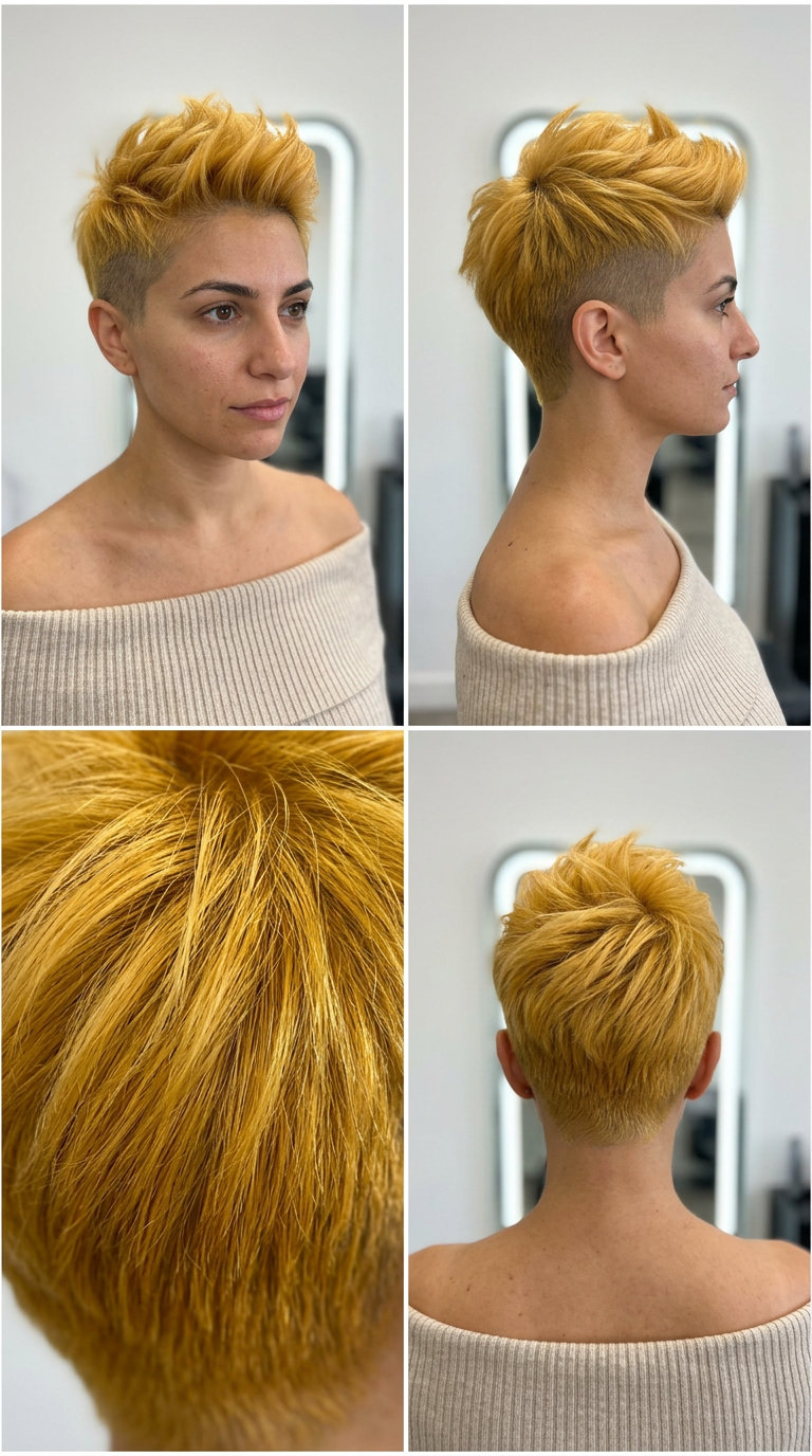 very short sunflower gold pixie haircut with an undercut for edgy playfulness