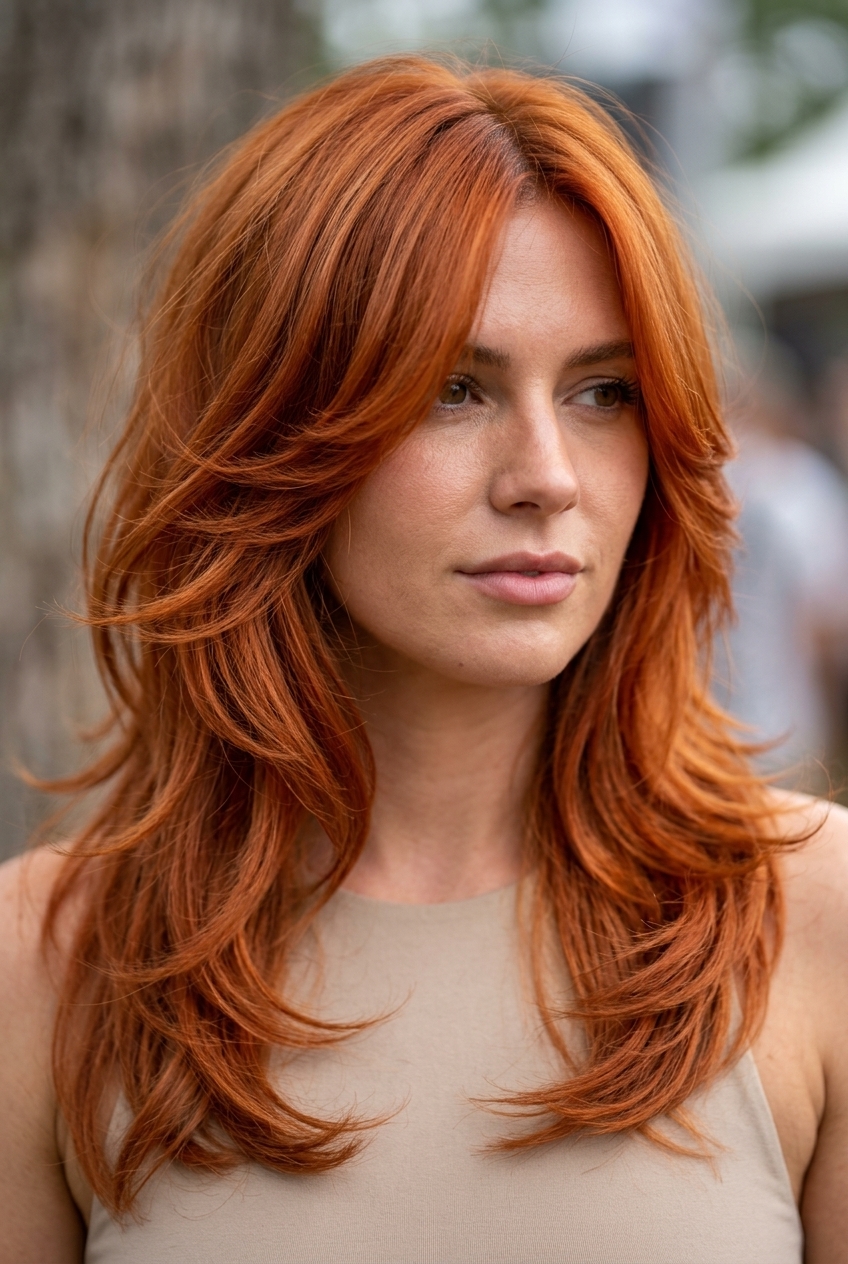 long butterfly haircut in sunset copper with strawberry blonde highlights for 2026