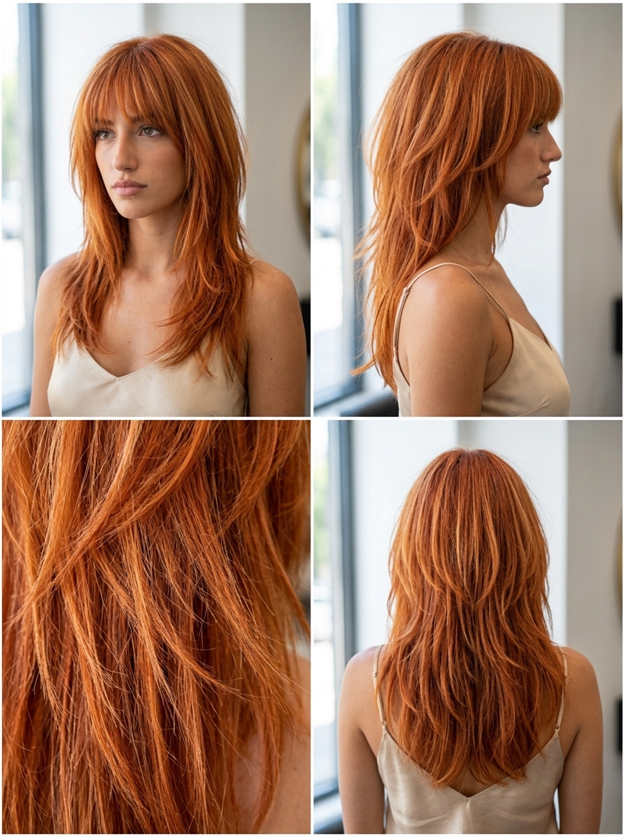 long haircuts in vibrant sunset copper with strawberry blonde highlights, heavy fringe, choppy layers — edgy and playful