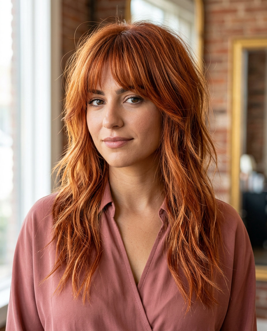 long shag haircut with sunset copper and strawberry blonde highlights for edgy look