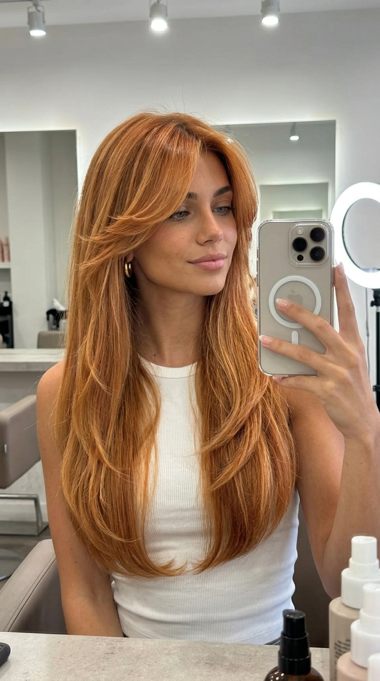 long U-shape haircut with sunset copper and strawberry blonde for fiery look