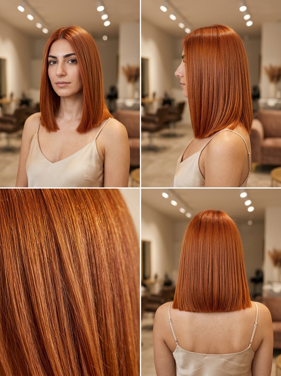 medium blunt haircut with vibrant sunset copper and high-shine glaze for summer