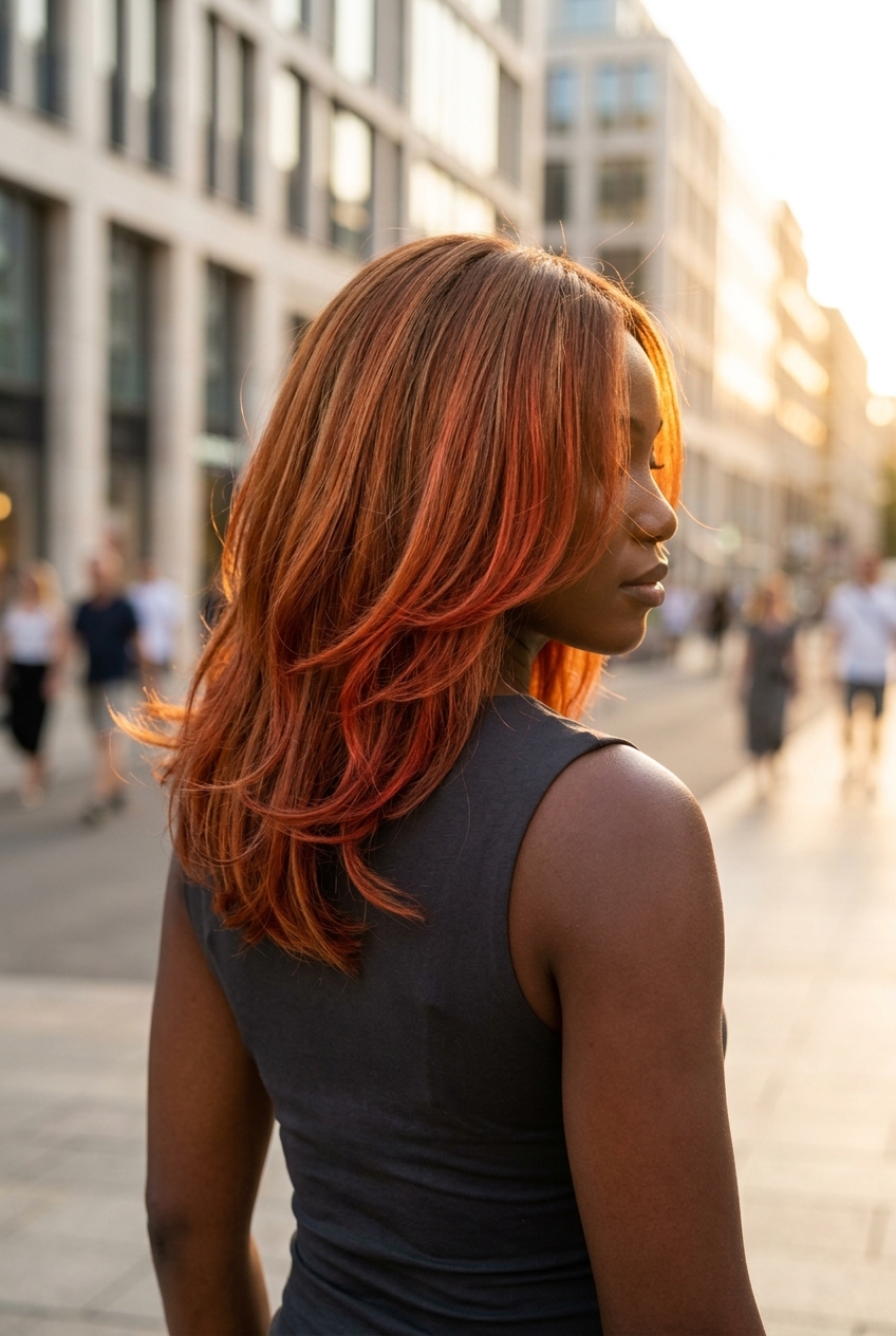long sunset copper foilayage with fiery red-orange and golden brown for summer parties