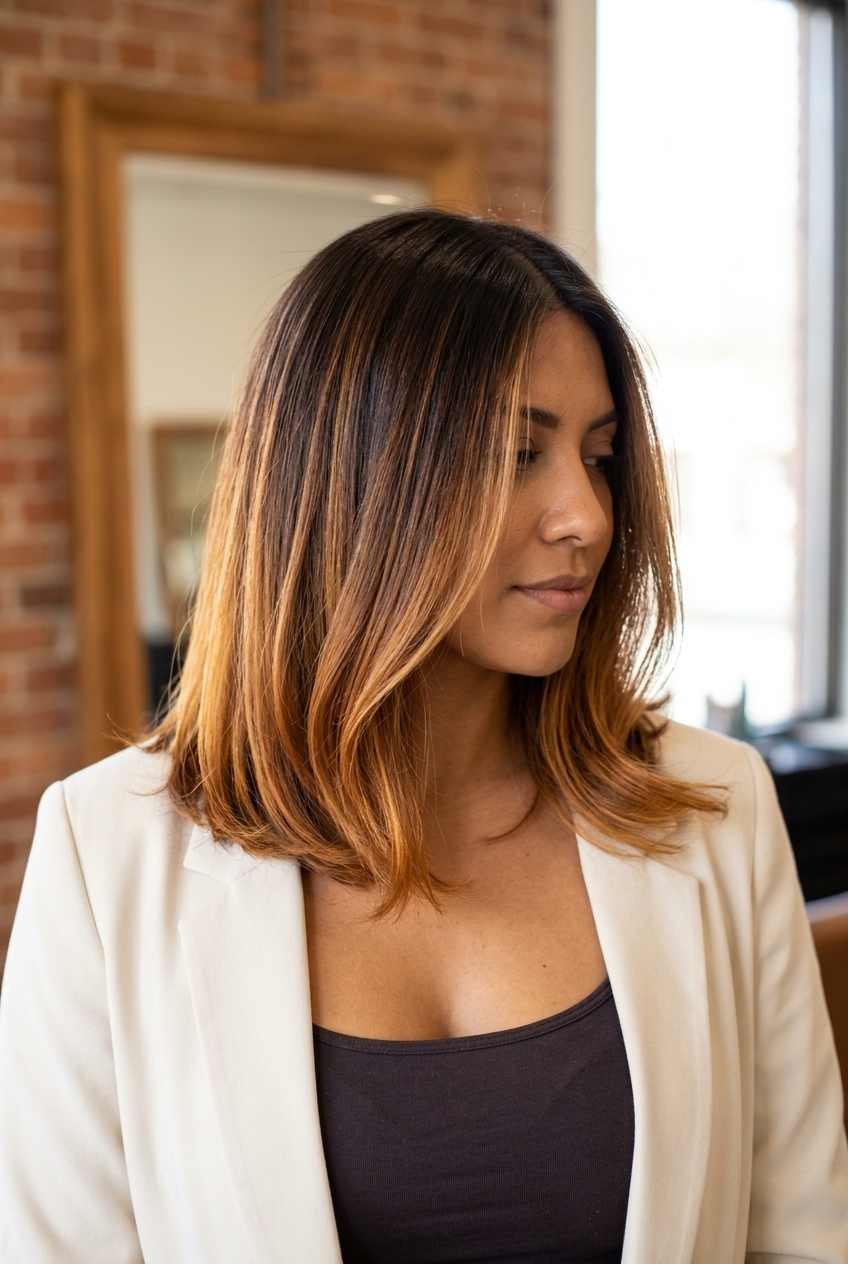 long butterfly layers syrup brown balayage ombre with warm amber caramel ends, rich blend — date night