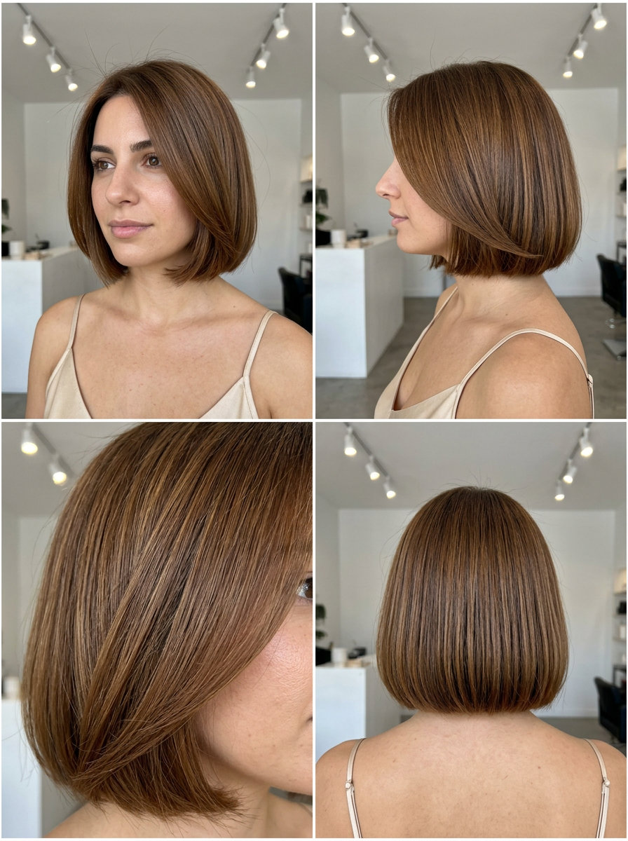 chin-length french bob haircut with syrup brunette & golden undertones, blunt perimeter & no bangs for round faces