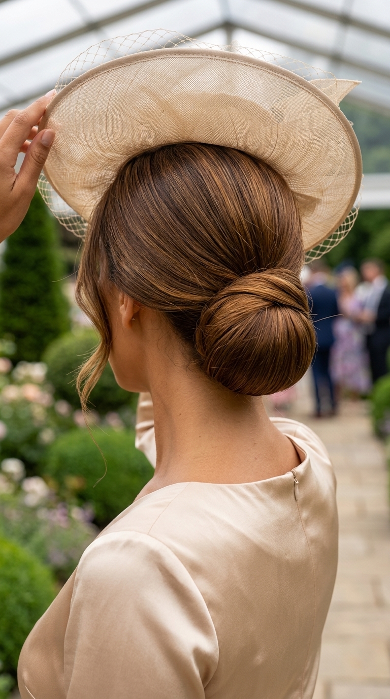 collarbone layered hair with syrup brunette, warm amber, no fringe — elegant outdoor wedding