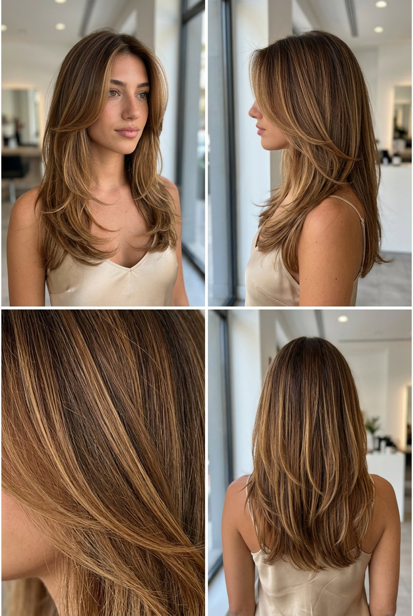 long syrup brunette haircut with warm honey balayage and face-framing layers for summer