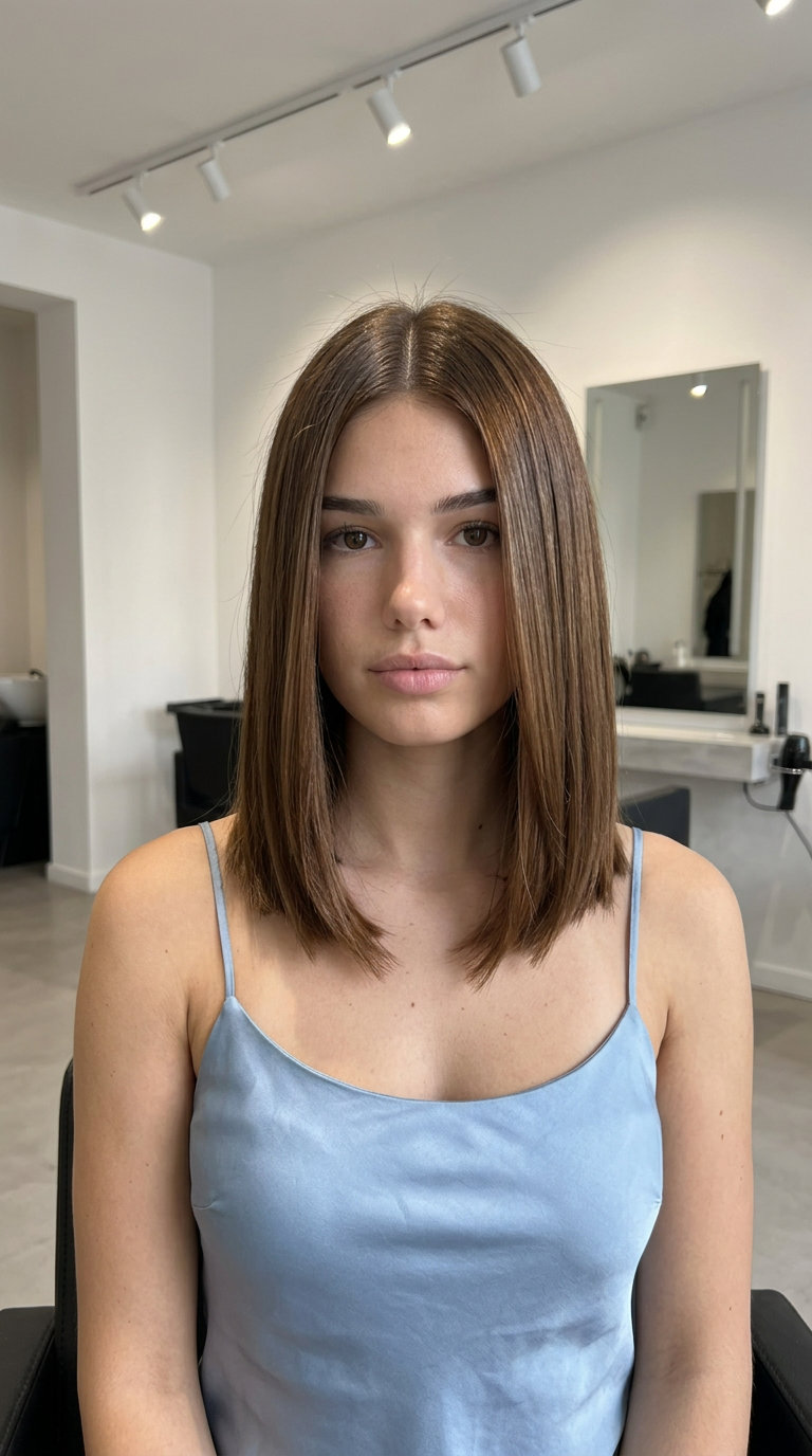 medium lob haircut with ash brown, cool blonde babylights, razored texture — edgy rebellious look