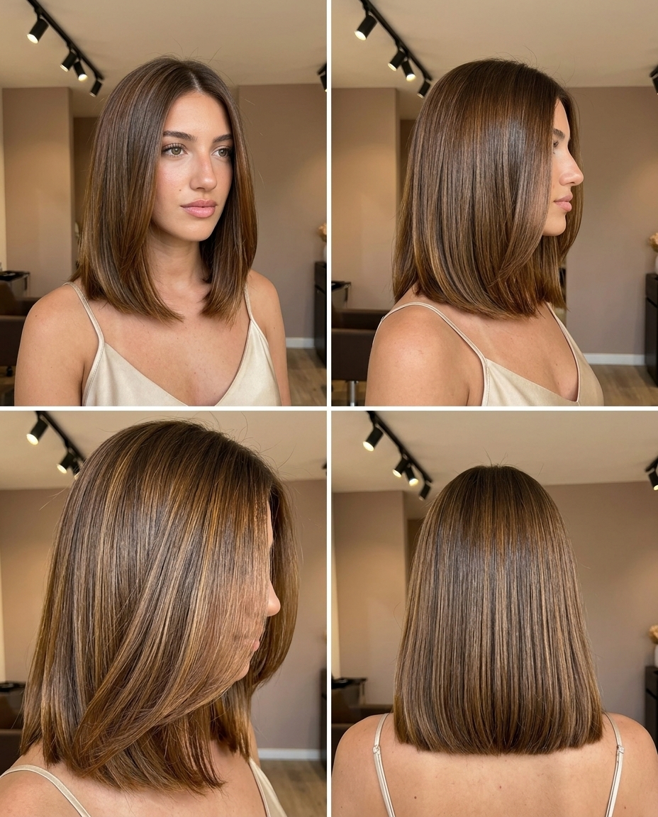 medium blunt lob haircut in syrup brunette with golden undertones, no layers — romantic sophisticated