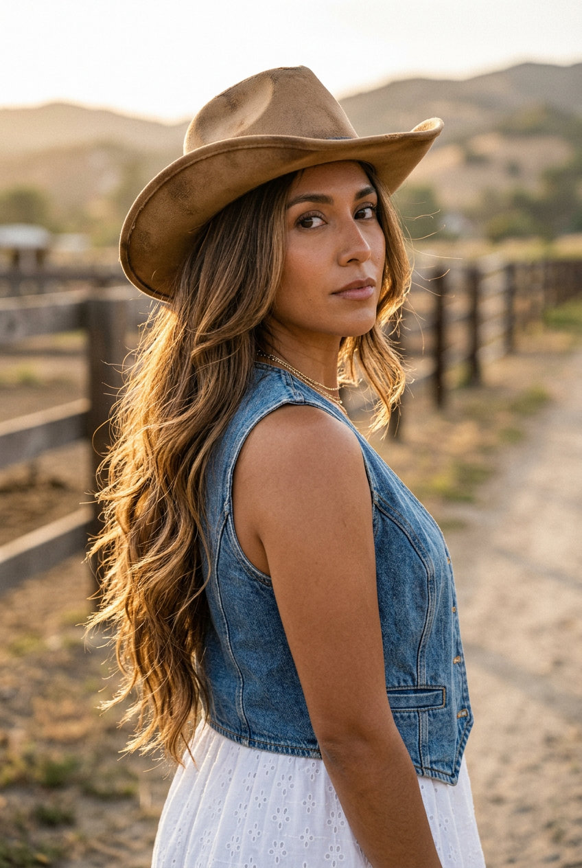 mid-back layered haircut with syrup brunette color, caramel ribbons, and face-framing layers for summer