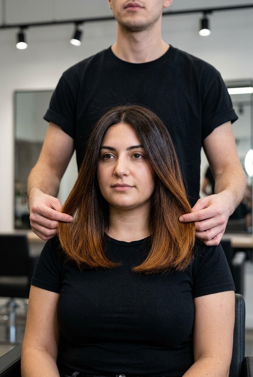 Syrup Brunette Ends on Brunette 2026 long blunt deep chocolate with syrup brunette ends only, warm golden caramel for playful edge