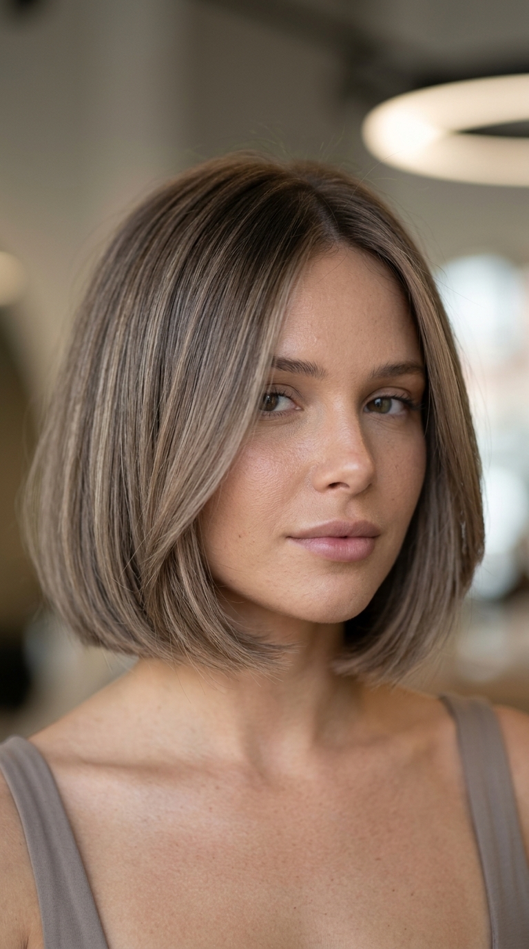 Classic Taupe Balayage Bob 2026 short italian bob with soft taupe balayage & cool beige tones, blunt perimeter for sophisticated event