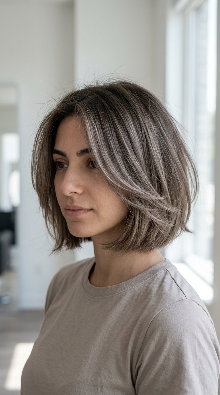 Airy Taupe Balayage Italian Bob 2026 short italian bob haircut in cool taupe balayage over brown base, face-framing pieces — breezy style