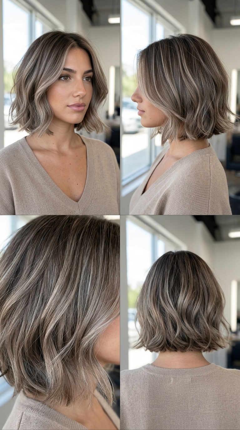 Taupe Wave Italian Bob 2026 short italian bob with taupe balayage & cool dark blonde base, diffused internal layers for bohemian weekend