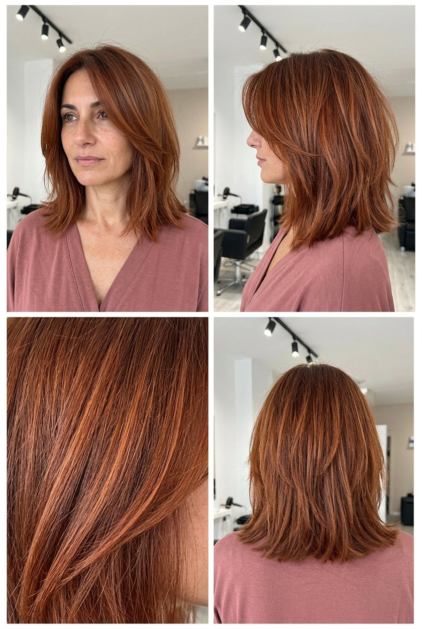 collarbone-length shag haircut in terracotta copper with choppy layers and face-framing pieces for summer