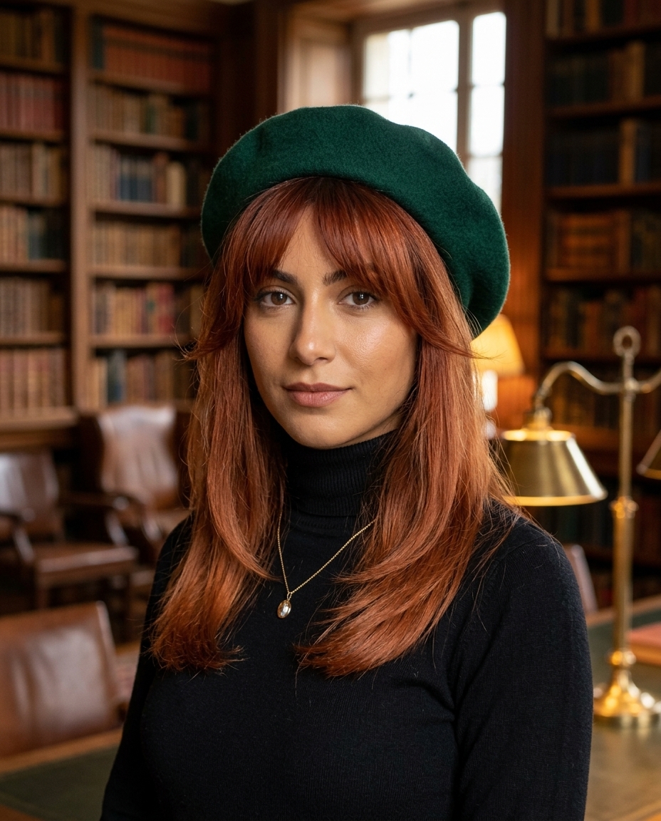 long layered haircut with terracotta copper color, face-framing layers, and Birkin bangs for summer