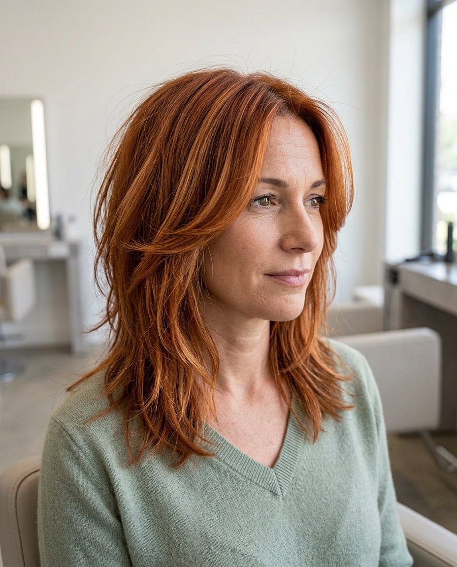 medium-length shag haircut in terracotta copper with golden-copper balayage and butterfly layers for summer
