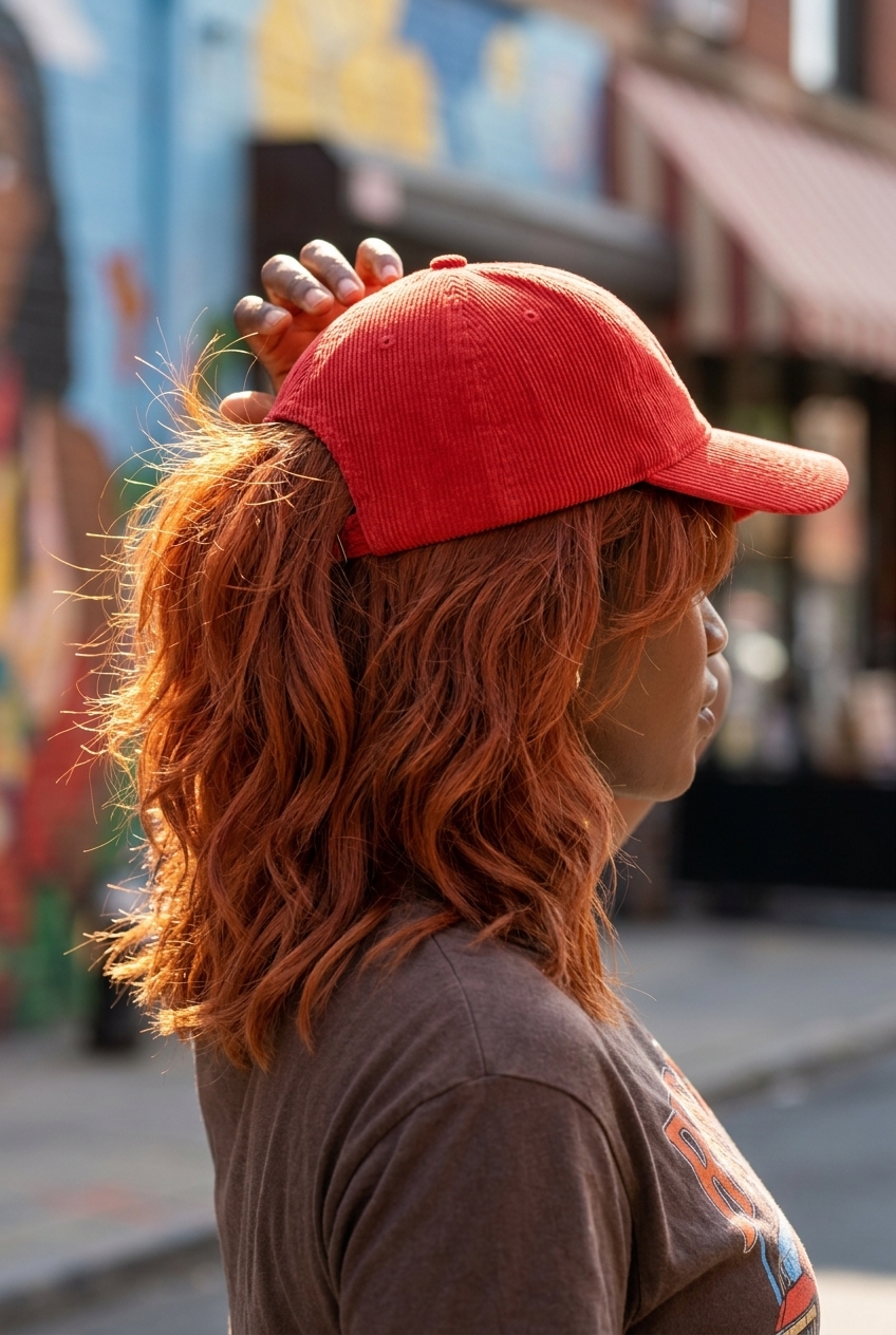 medium-long shag haircut with terracotta copper color, choppy layers, and curtain bangs for summer