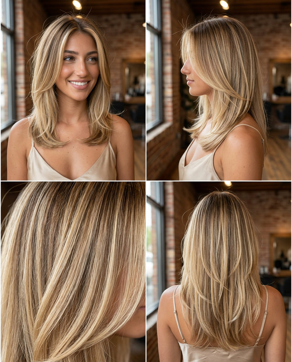 long toasted coconut blonde hair with buttery gold ends, diffused layers, and face-framing pieces for natural look