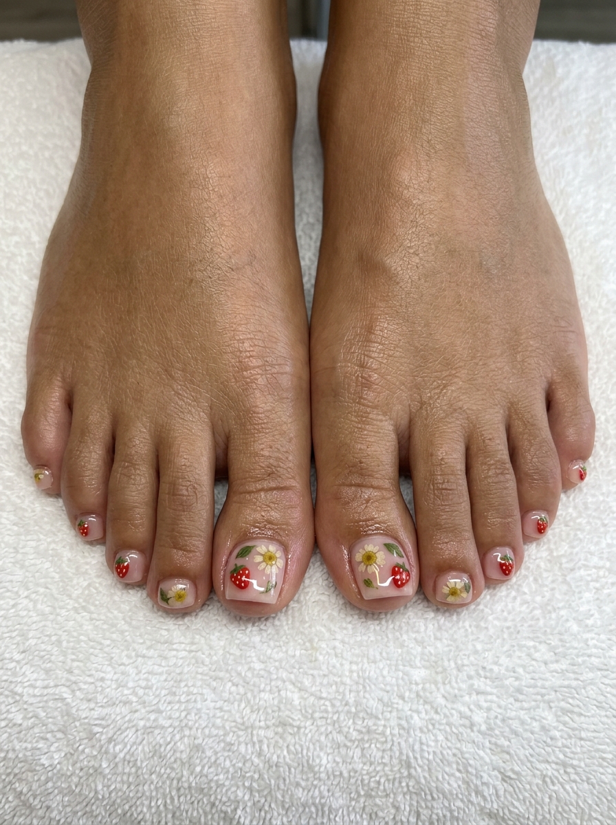 Strawberry Milk Bath Toes 2026 Strawberry Jelly Milk Bath toenails: milky pink with embedded charms for summer 2026 festival looks.