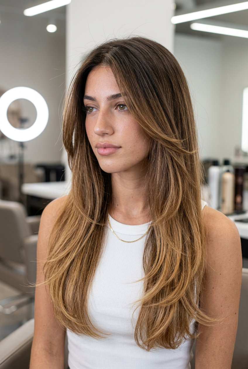 long layered hair with toffee nut sombré for bohemian style