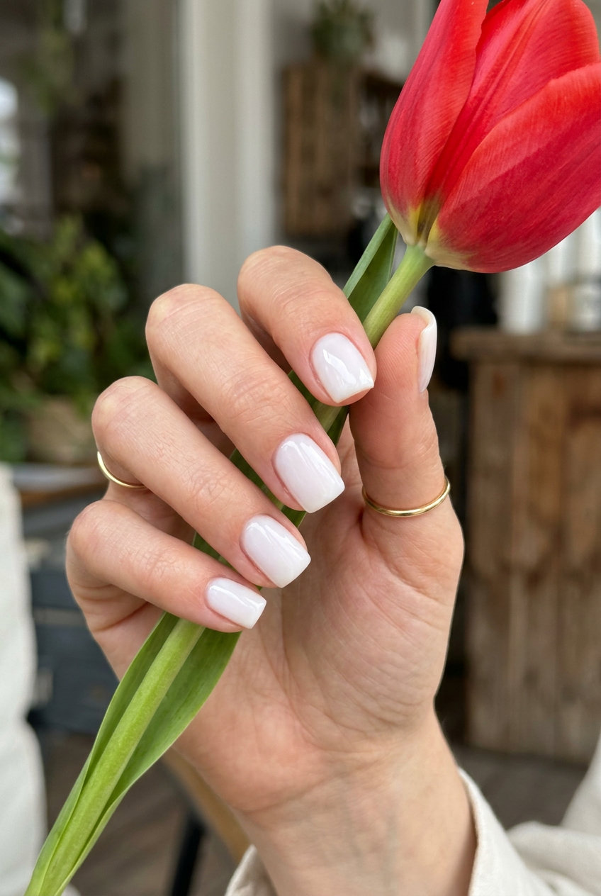 Trending summer nails 2026: Clean cloud milk sheer finish on short square nails for minimalist office style.
