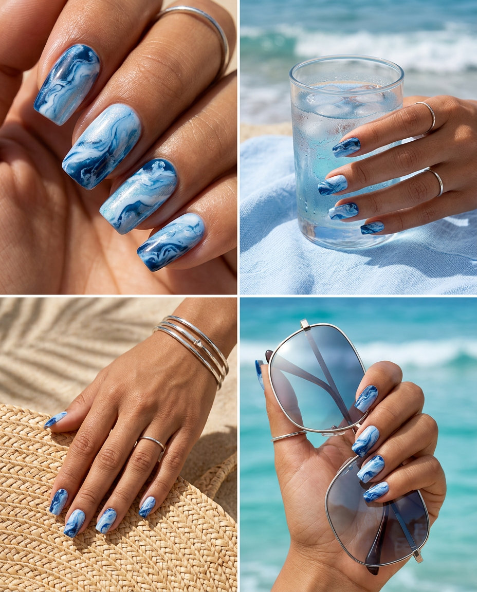 Trending summer nails 2026: Sophisticated blue and white marble oval nails for summer events.