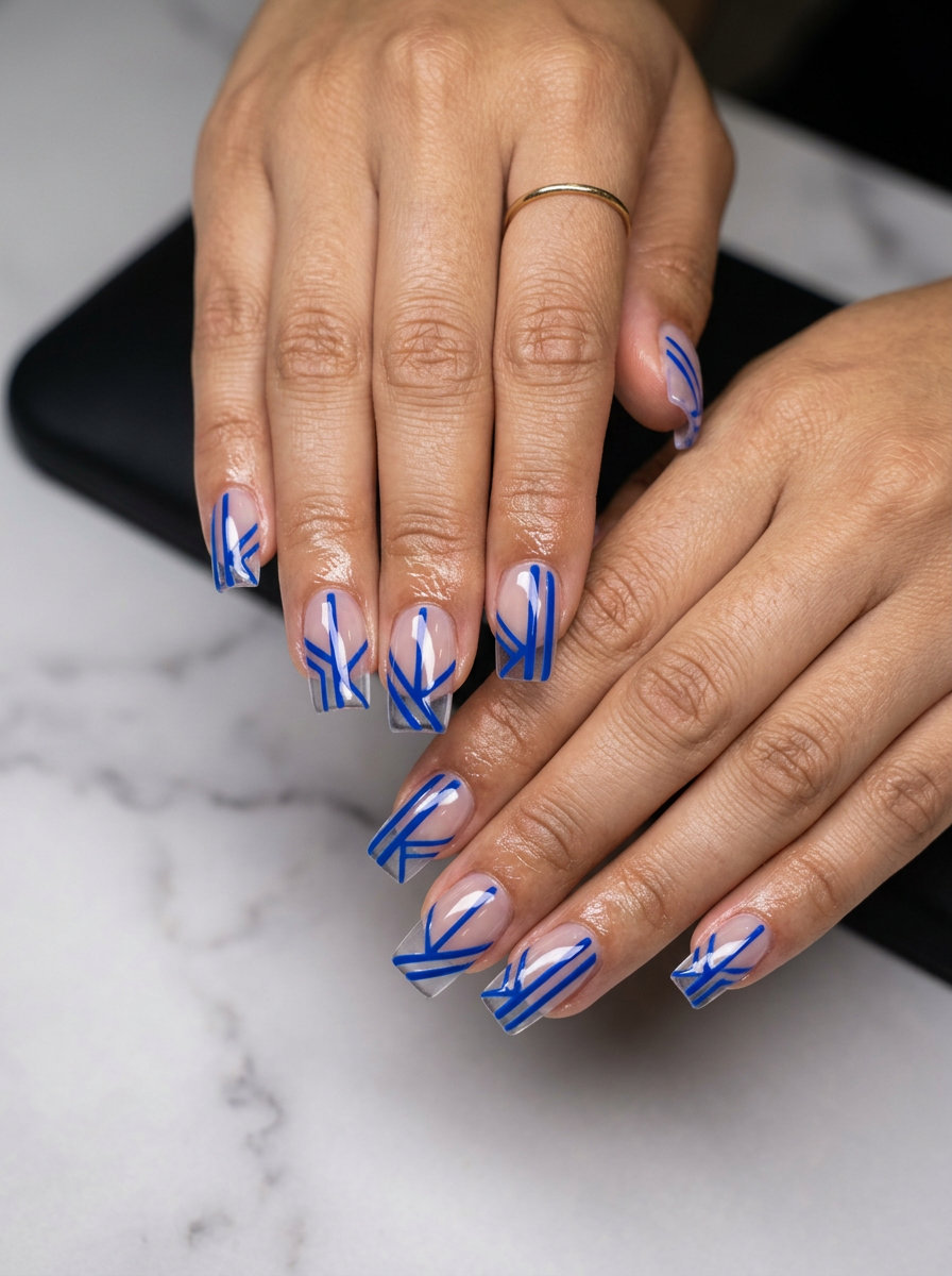 Trending summer nails 2026: Bold cobalt blue geometric lines on stiletto nails for parties and nights out.