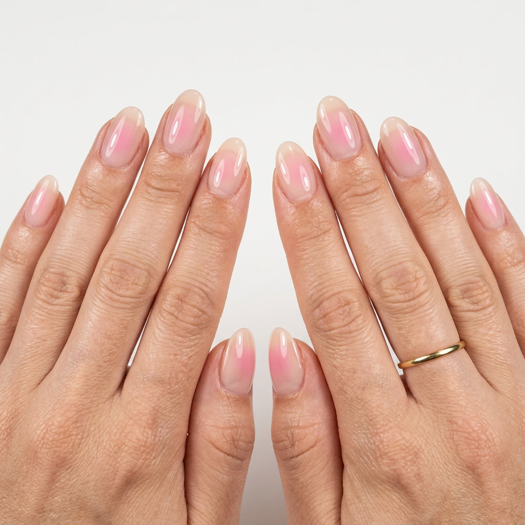 Trending summer nails 2026: Romantic dusk aura pink ombre on almond nails for date nights and casual events.