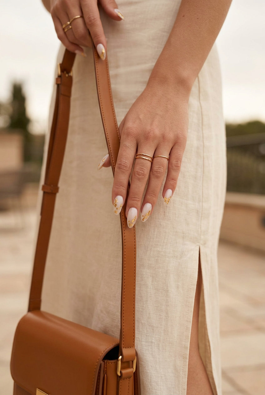 Gilded Summer Almond nails: milky white with scattered gold foil for trending summer nails 2026, ideal for parties and events.