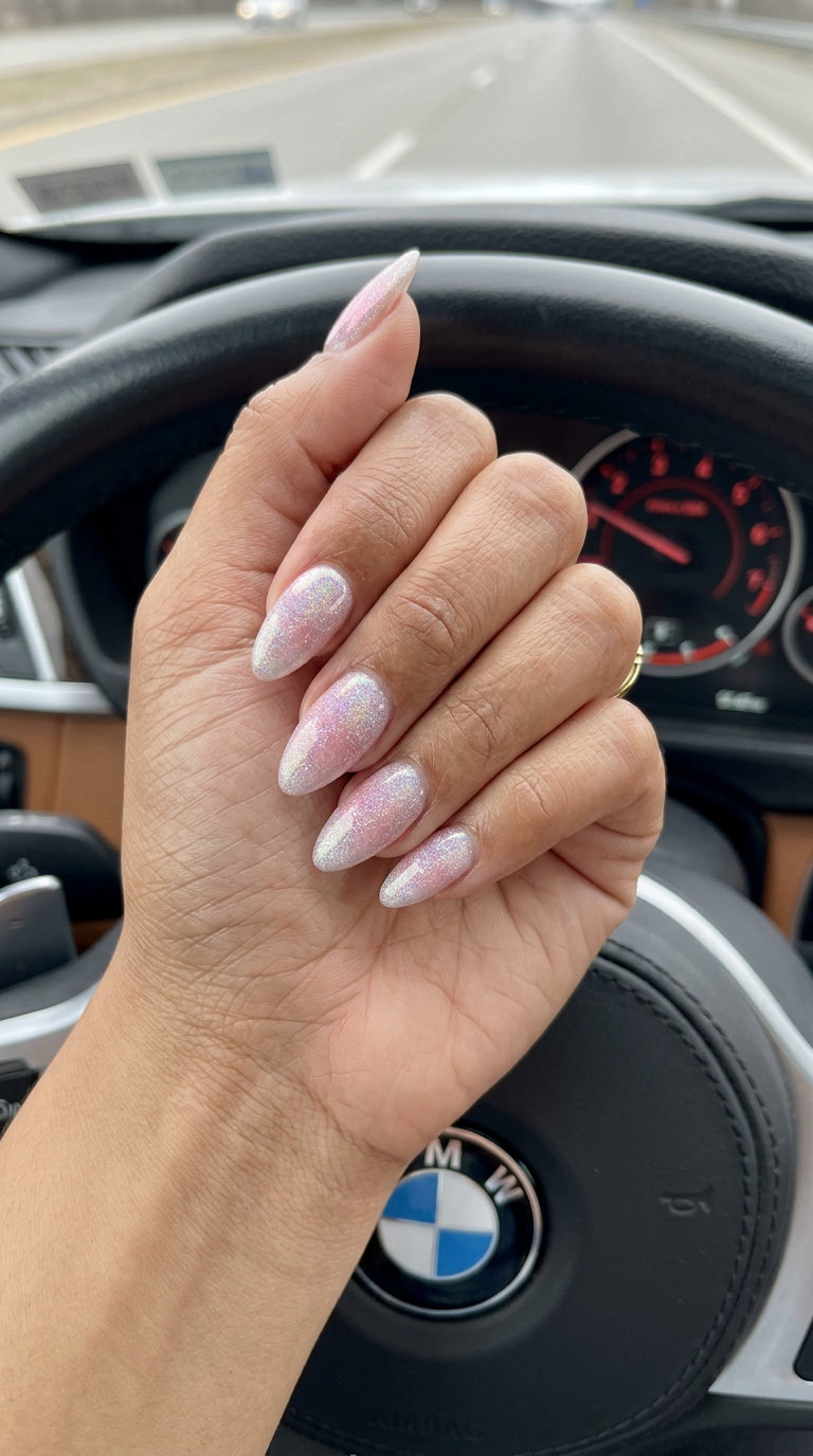 Holographic Glitter Gradient Almond nails for trending summer nails 2026, perfect for festivals and parties with a dreamy sparkle.