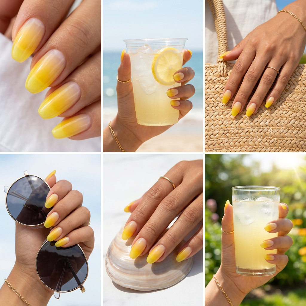 Lemonade Lip Gradient nails: sheer lemon yellow jelly polish in a gradient for trending summer nails 2026, perfect for casual outings.