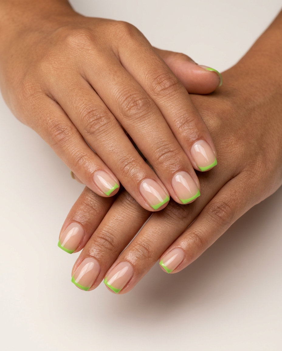 Trending summer nails 2026: Zesty lime green micro French tips on a sheer nude base for casual summer vibes.