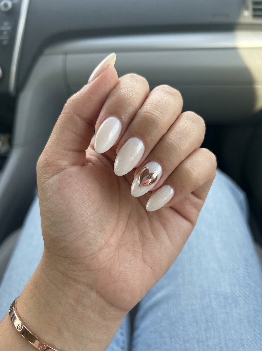 Trending summer nails 2026: Romantic milky white gel with rose gold chrome heart decal for date night.