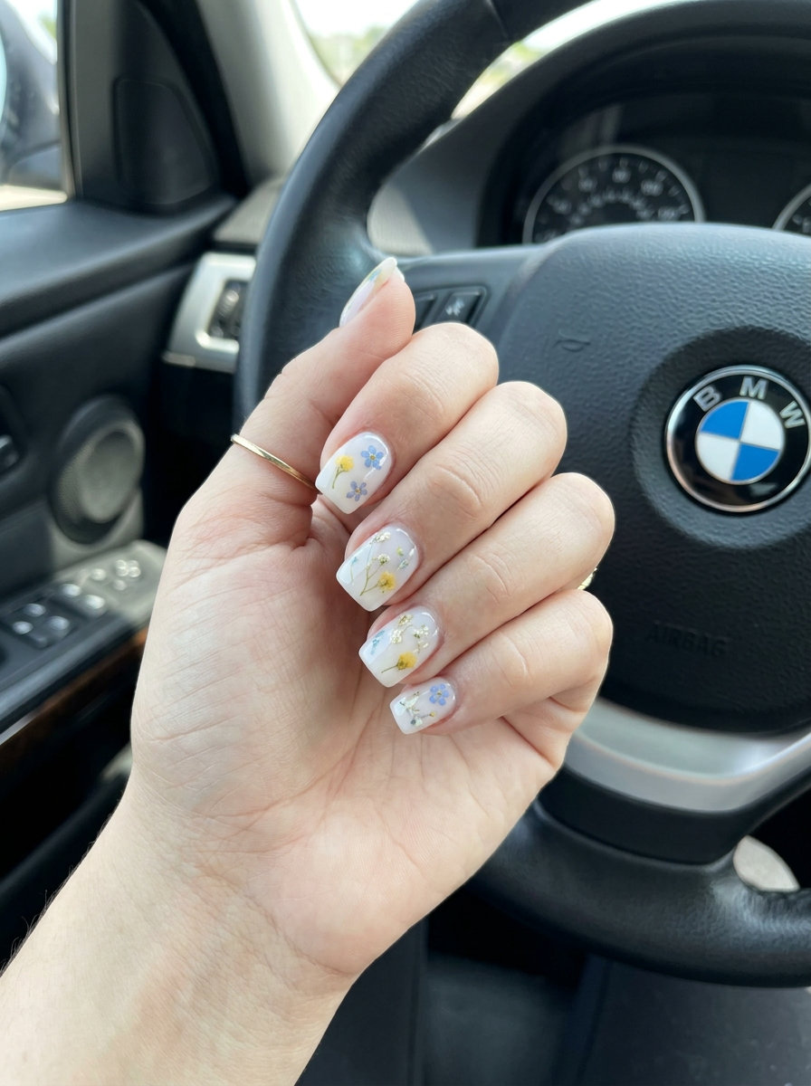 Milk Bath Floral Short Square nails for trending summer nails 2026, perfect for weddings and garden parties with a romantic touch.