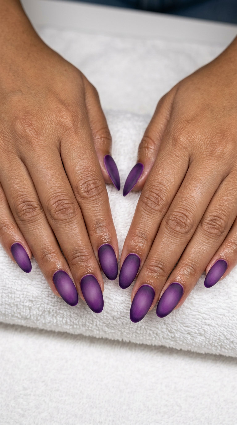 Trending summer nails 2026: Mysterious mystic velvet aura in deep amethyst purple for evening events and date nights.
