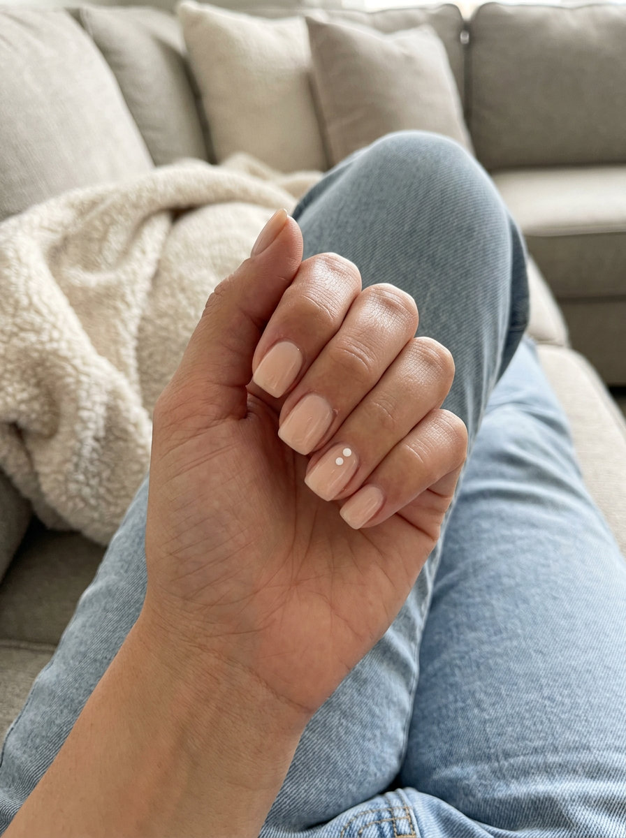 Trending summer nails 2026: Subtle optic white dots on sheer nude base for minimalist daily and work looks.