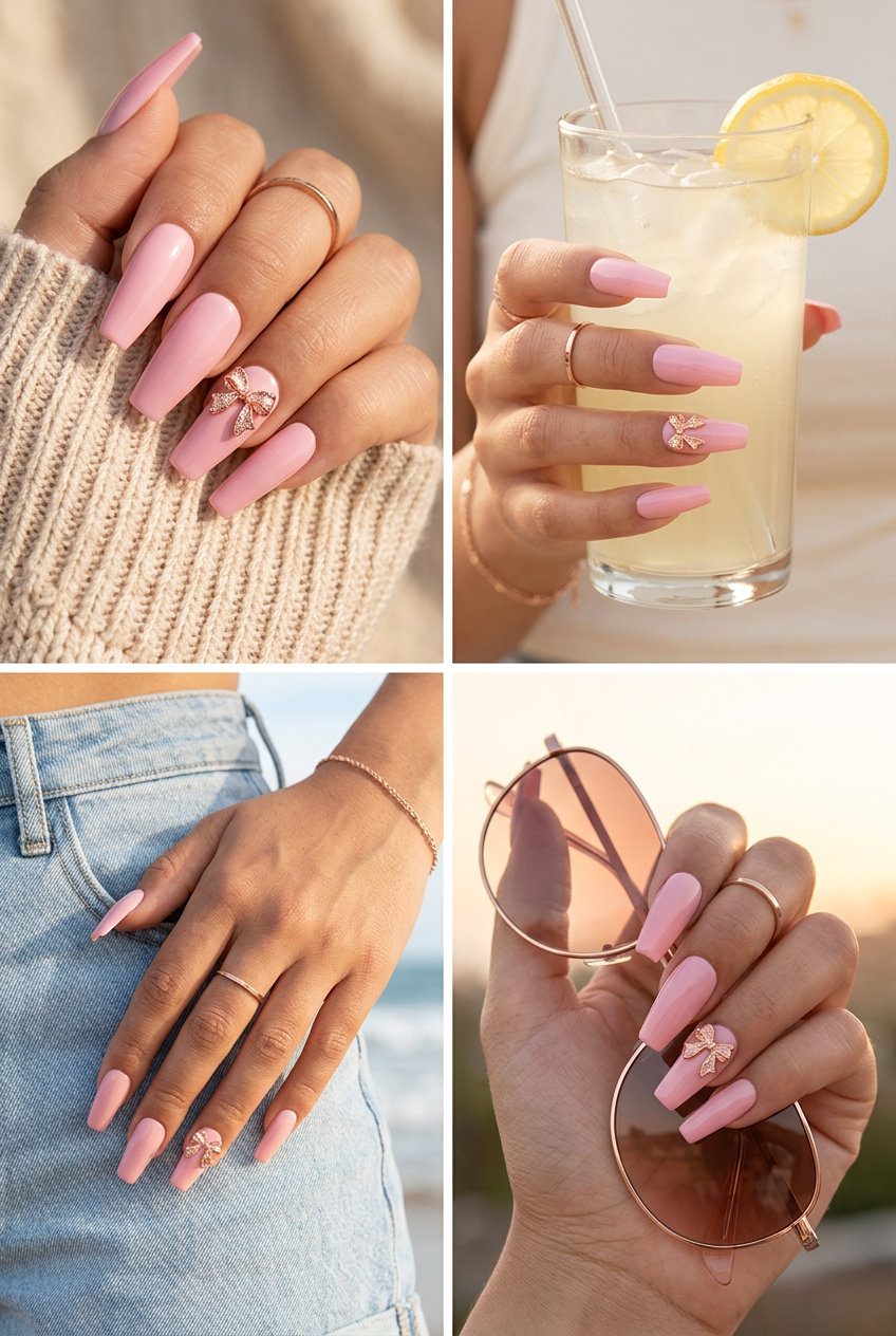 Trending summer nails 2026: Sweet pink square nails with 3D bow charm for date night.