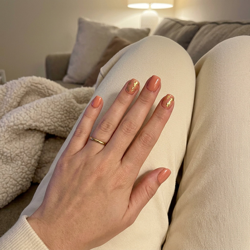 Elegant coral and gold leaf accent nails for weddings 2026. Chic squoval gel polish for date night.