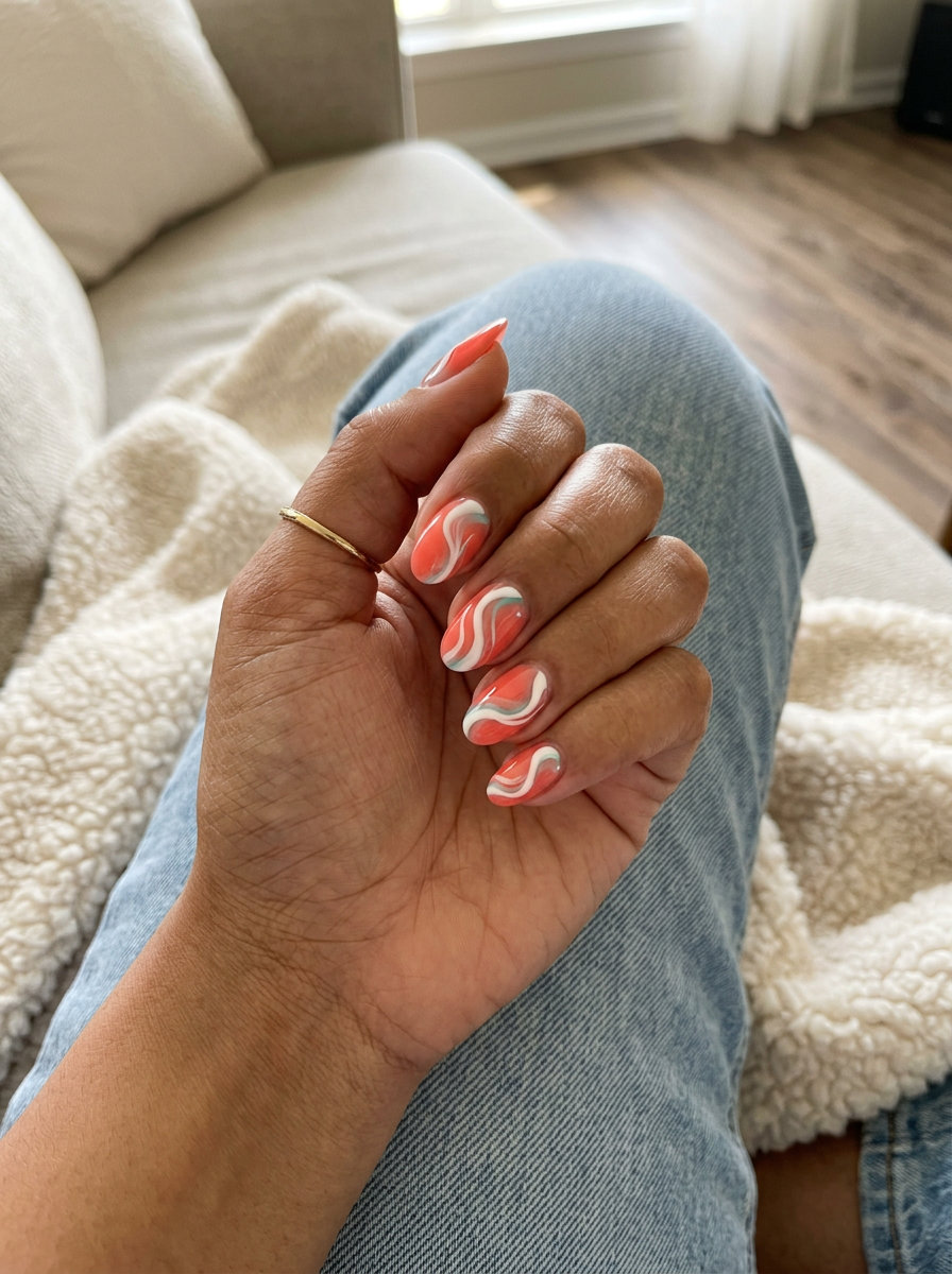 Playful coral & white abstract ocean swirl nail art, ideal for vacation and beach trips in 2026.