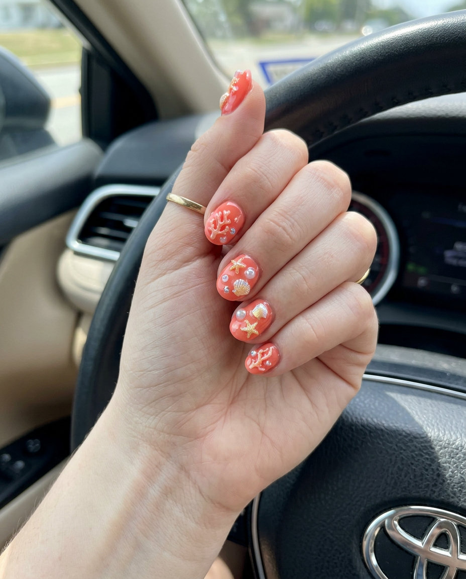 Coral Reef 3D Charms Round nails with vibrant coral and oceanic charms. Tropical nail designs 2026.