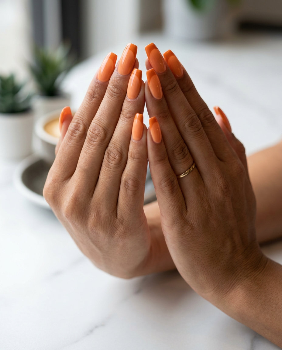 Coral Sunset French Tip Elegance coffin nails with vibrant coral tips. Tropical nail designs 2026.